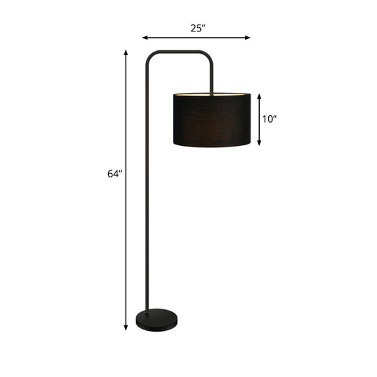 Simplicity Black Drum Shade Floor Lamp With Right Angle Arm Ideal Reading Light