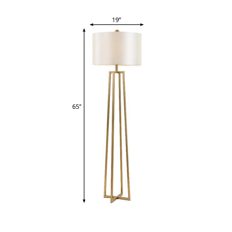 Modernist White Fabric Drum Shade Floor Light With Gold Finish