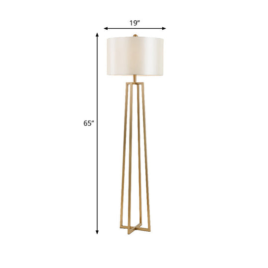 Modernist White Fabric Drum Shade Floor Light With Gold Finish