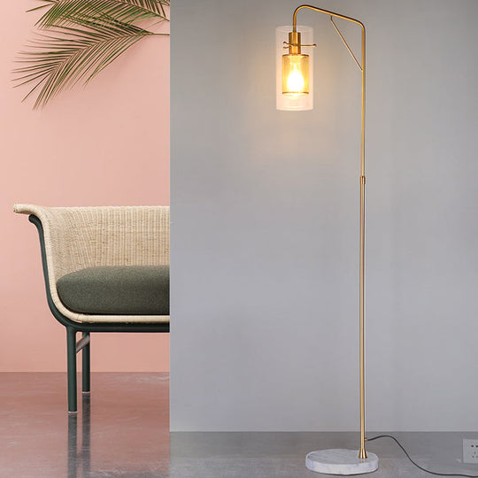 Postmodern Gold Metal Tube Mesh Reading Floor Lamp With Clear Glass Shade