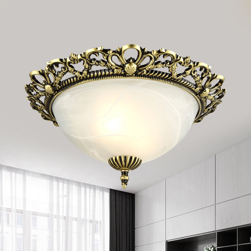 Opal Frosted Glass Flushmount Countryside Brass/White Floral Ceiling Lamp 11/19.5 Wide