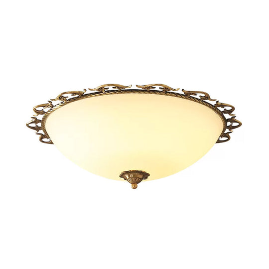 Rural Brass Flush Mount Ceiling Lamp With Frosted White Glass - 3/5 Bulbs Half - Globe Design