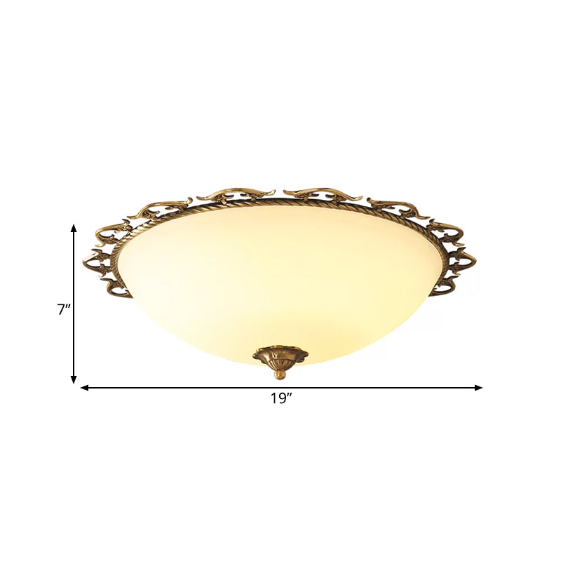 Rural Brass Flush Mount Ceiling Lamp With Frosted White Glass - 3/5 Bulbs Half - Globe Design