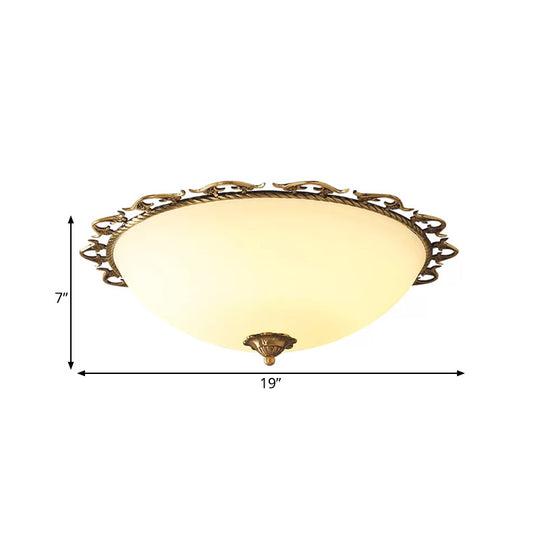 Rural Brass Flush Mount Ceiling Lamp With Frosted White Glass - 3/5 Bulbs Half-Globe Design