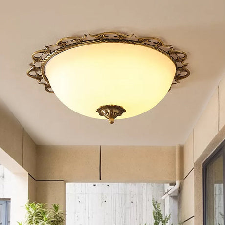 Rural Brass Flush Mount Ceiling Lamp With Frosted White Glass - 3/5 Bulbs Half-Globe Design