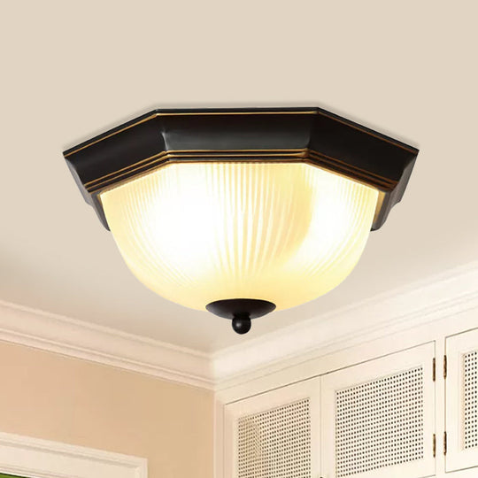Black Milk Glass Ribbed Dome Ceiling Flush Light - Classic 2-Head Mount