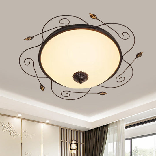 Ivory Glass Flushmount Ceiling Light With Twined Vines - 3-Head Dome Design Rural Style Black 18/25