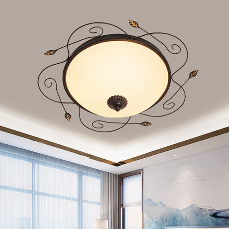 Ivory Glass Flushmount Ceiling Light With Twined Vines - 3-Head Dome Design Rural Style Black 18/25