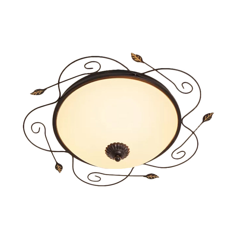 Ivory Glass Flushmount Ceiling Light With Twined Vines - 3-Head Dome Design Rural Style Black 18/25