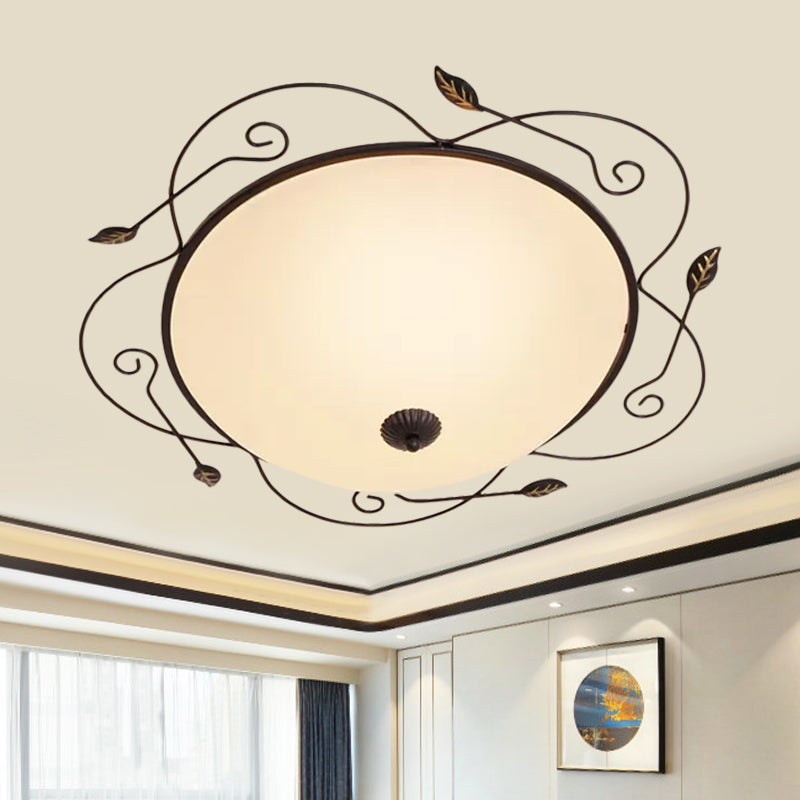 Ivory Glass Flushmount Ceiling Light With Twined Vines - 3-Head Dome Design Rural Style Black 18/25