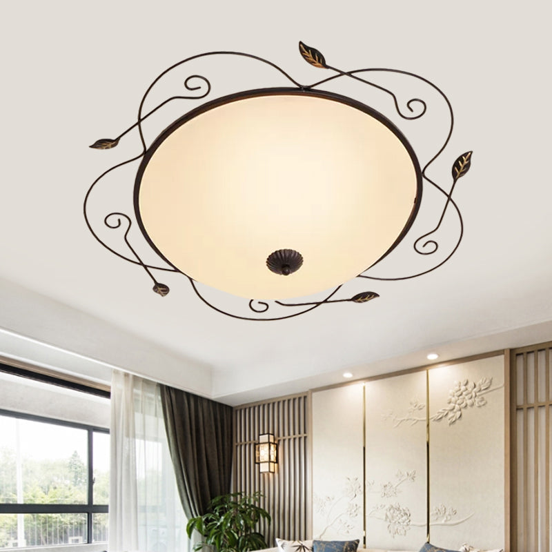 Ivory Glass Flushmount Ceiling Light With Twined Vines - 3-Head Dome Design Rural Style Black