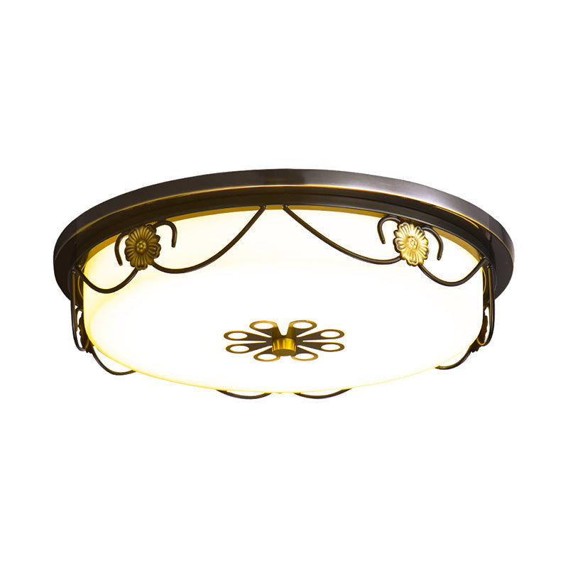 Rustic Black Round Bedroom Led Ceiling Light With White Glass Flush Mount Lamp