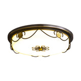 Rustic Black Round Bedroom Led Ceiling Light With White Glass Flush Mount Lamp