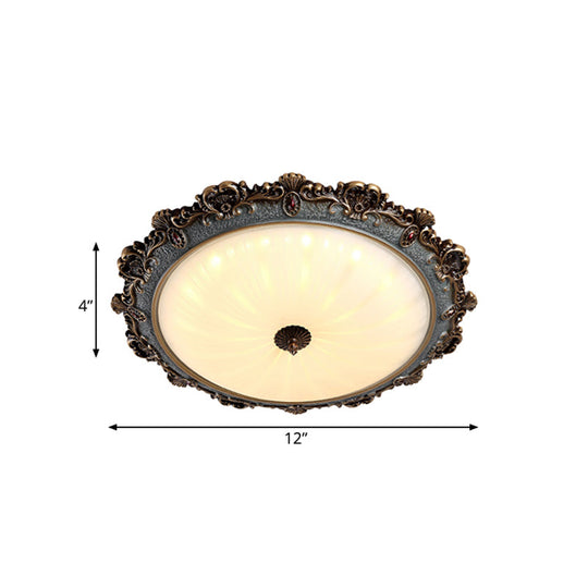 Rustic Brass Scalloped Round Flush Mount Ceiling Fixture With Milk Glass - Led 3 Sizes Countryside