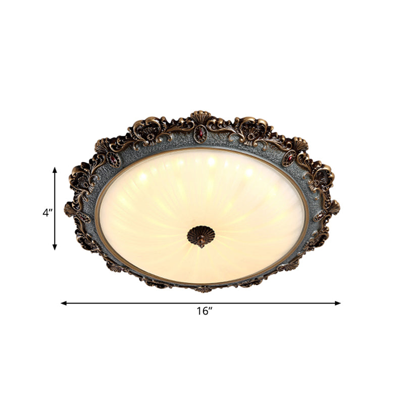 Rustic Brass Scalloped Round Flush Mount Ceiling Fixture With Milk Glass - Led 3 Sizes Countryside
