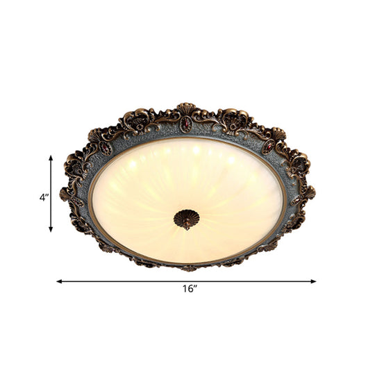 Rustic Brass Scalloped Round Flush Mount Ceiling Fixture With Milk Glass - Led 3 Sizes Countryside