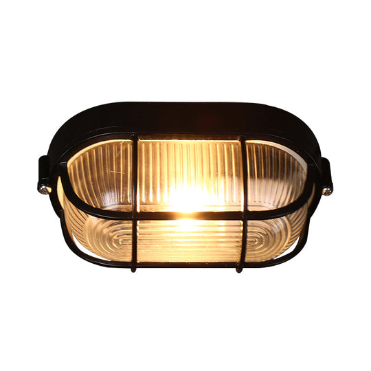 Black Ribbed Glass Ceiling Lamp With Wire Cage - Half - Capsule Mini Flush Light For Farmhouse 1