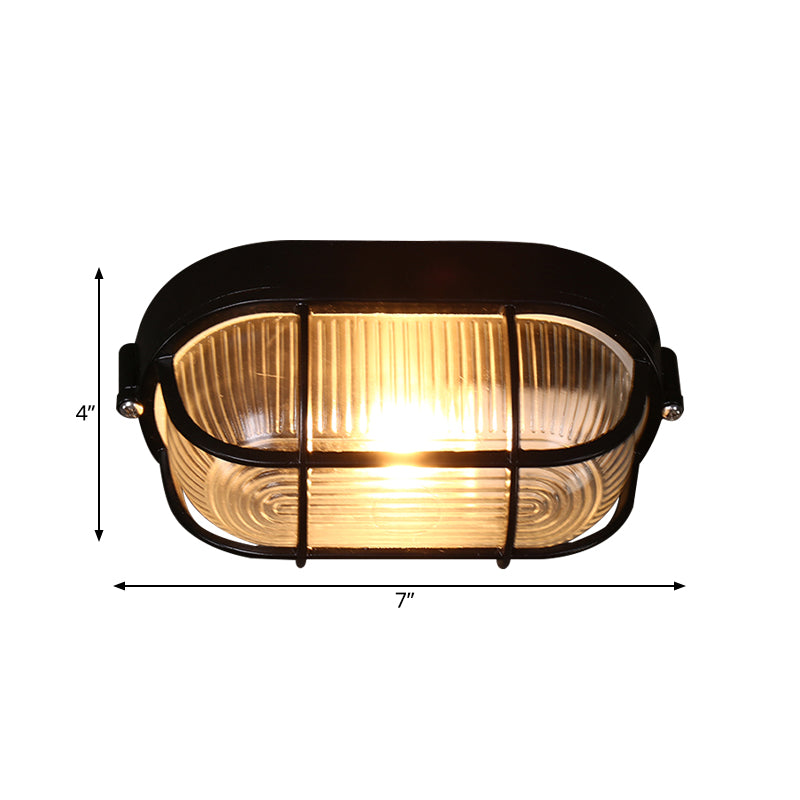 Black Ribbed Glass Ceiling Lamp With Wire Cage - Half-Capsule Mini Flush Light For Farmhouse 1 Bulb