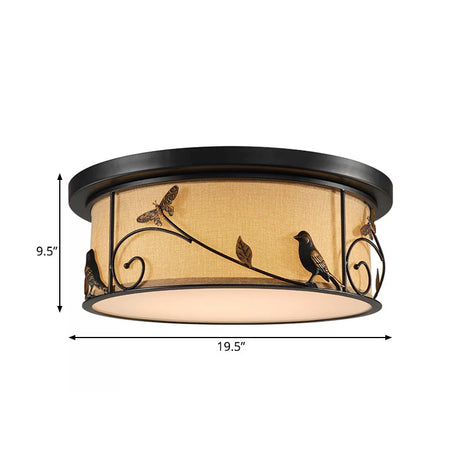 Black Fabric Drum Flush Mount Led Ceiling Light With Pastoral Scene Decor - Cottage Bedroom