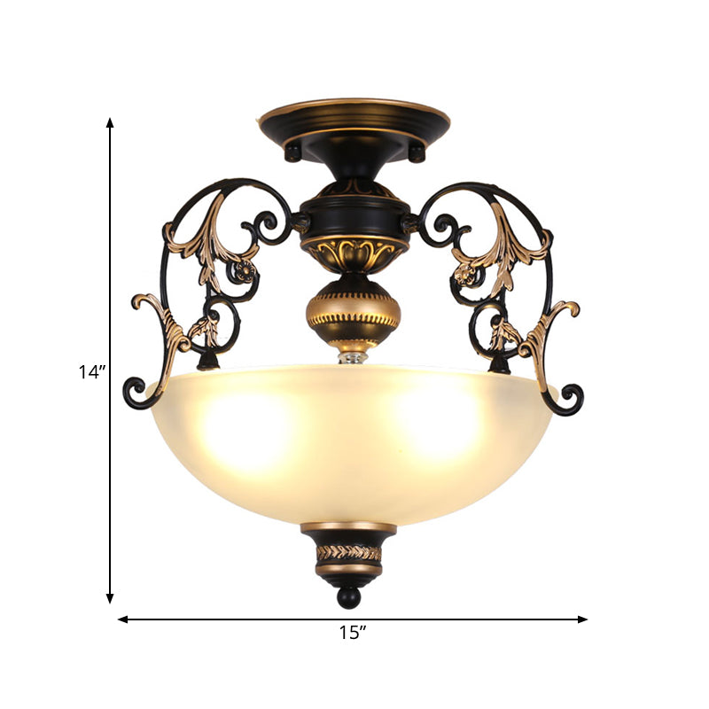Antique Opal Glass 3 - Light Black Semi - Mount Ceiling Lamp With Swirled Arm
