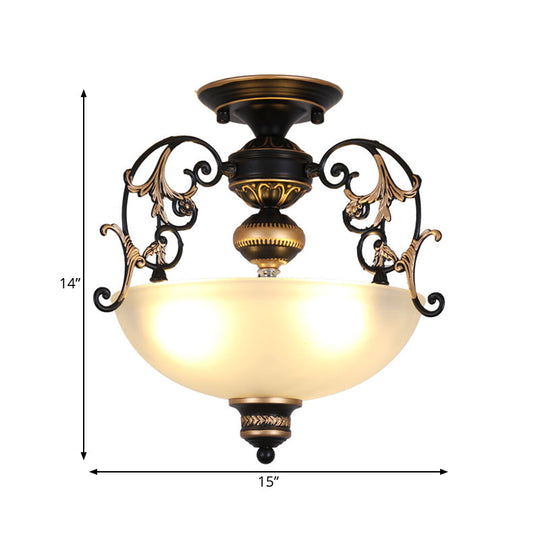 Antique Opal Glass 3 - Light Black Semi - Mount Ceiling Lamp With Swirled Arm