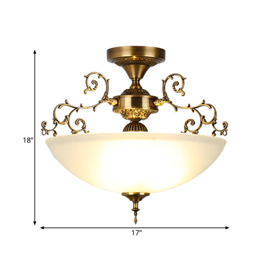 Traditional Gold Swirling Arm Ceiling Lamp With 3 Wide Bowl Lights 13’/17’ Semi Flush Mount