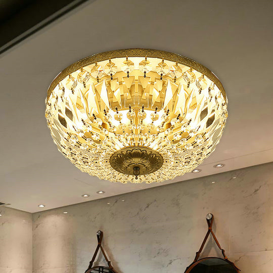 Clear Crystal Strand Flush Light - Modern Dome 4-Head Ceiling Lamp In Brass For Living Room