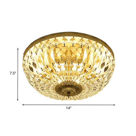 Clear Crystal Strand Flush Light - Modern Dome 4-Head Ceiling Lamp In Brass For Living Room