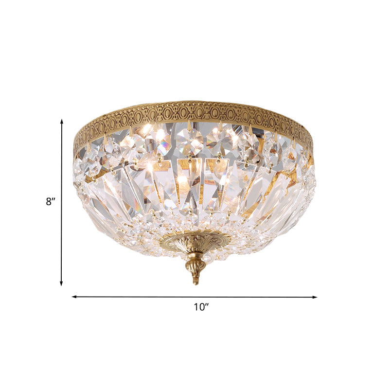 Modern Brass Bowl - Shape Ceiling Flush Light With Crystal Strand - 2 Bulbs Bedroom Lamp