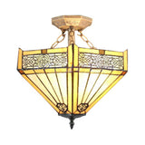 Retro Loft Beige Ceiling Fixture: Tiffany-Inspired Stained Glass Semi Flush Mount Light For