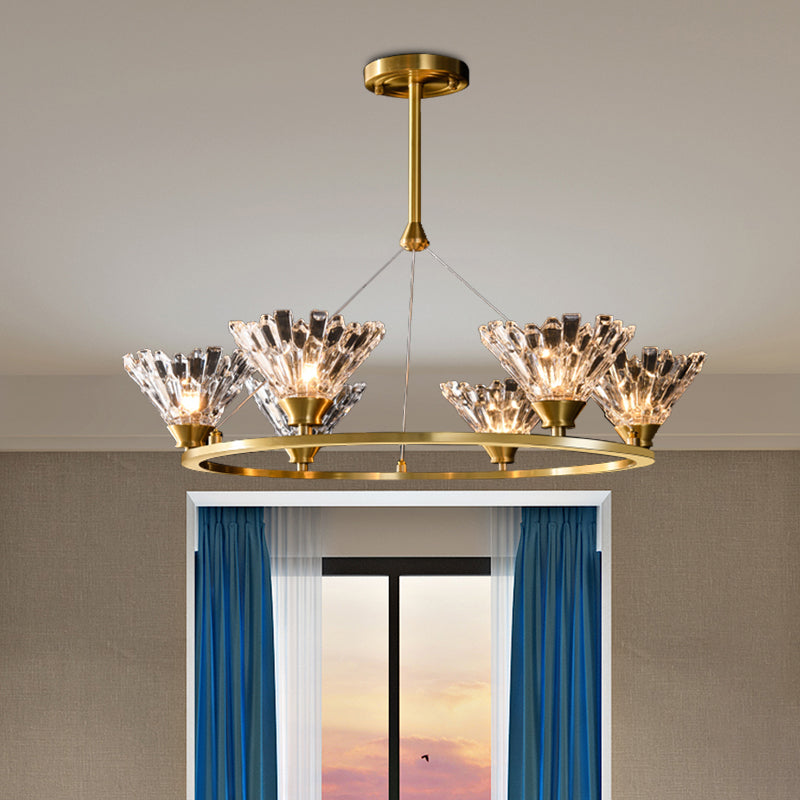 Modern Gold Rounded Pendant Chandelier With Crystal Facets - Suspended Dining Room Lighting Fixture