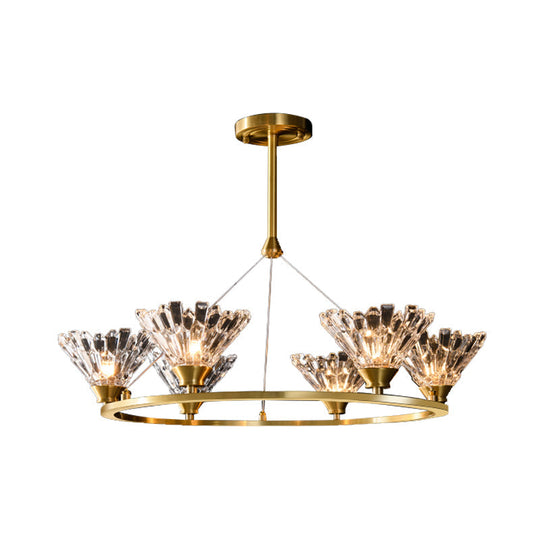 Modern Gold Rounded Pendant Chandelier With Crystal Facets - Suspended Dining Room Lighting Fixture