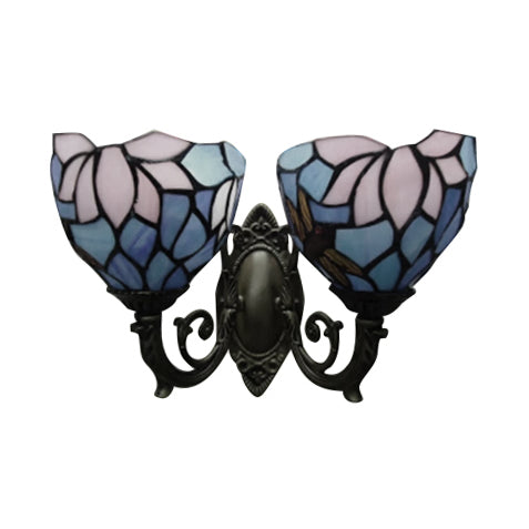 Tiffany-Style Lotus Wall Light - Stained Glass 2-Bulb Traditional Sconce In Blue & Pink