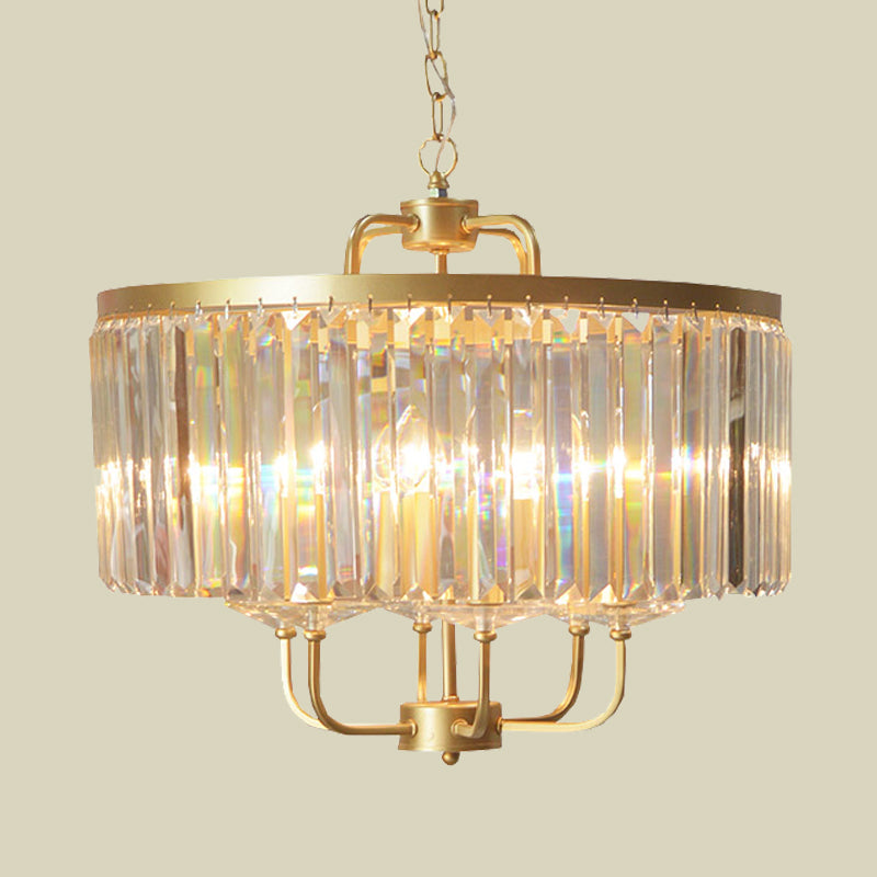 Contemporary Gold Drum Crystal Block Chandelier - 6-Head Ceiling Lighting Fixture For Guest Room