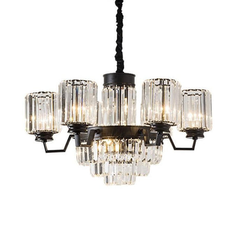 Modern Black 9-Bulb Pendant Chandelier With Clear Glass Rods And Cylindrical Shade
