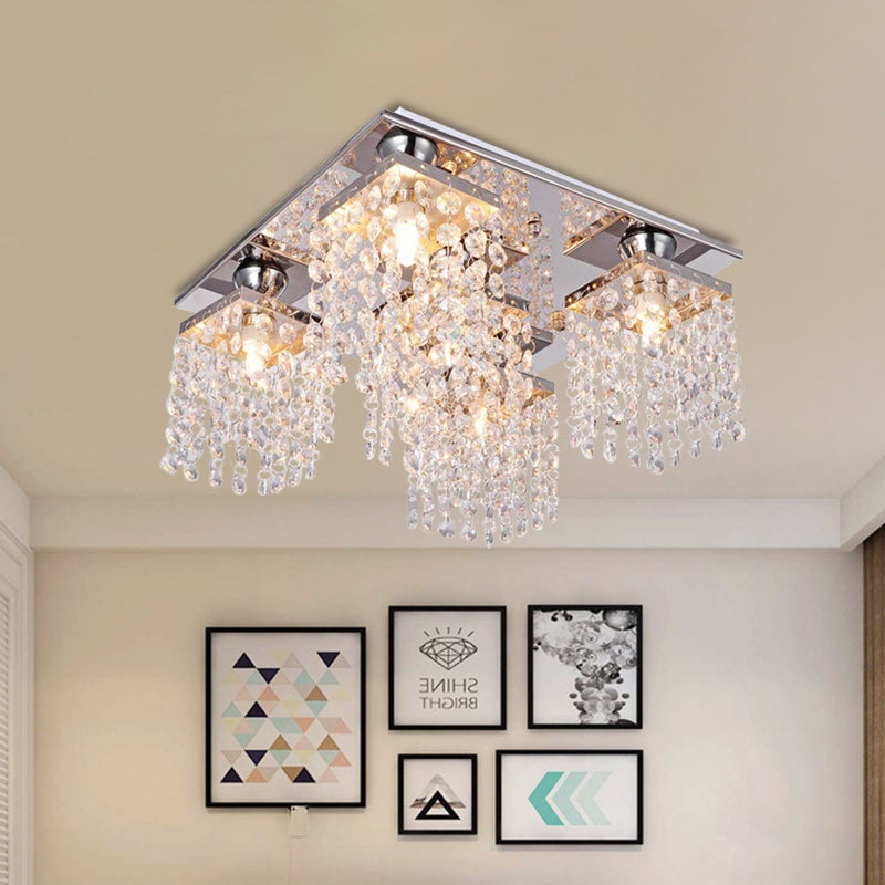 Modern Crystal Chain Ceiling Mount Light Fixture - 4 - Light Flush For Living Room Clear
