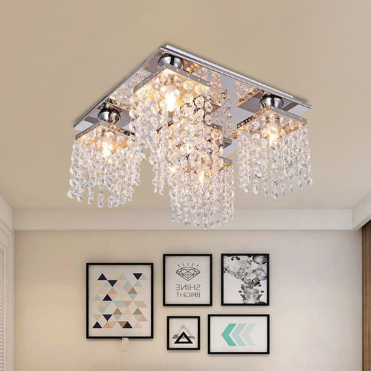 Modern Crystal Chain Ceiling Mount Light Fixture - 4-Light Flush For Living Room Clear