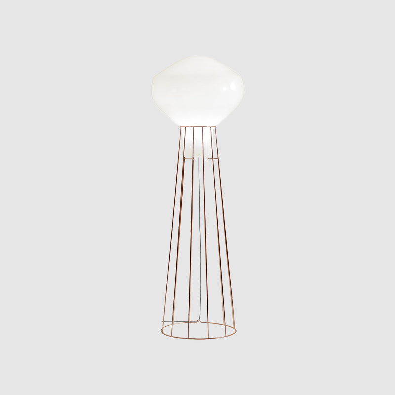 Sleek Black/Rose Gold Geometric Floor Lamp With Dome Cage - Minimalistic Metal Stand Up Light For
