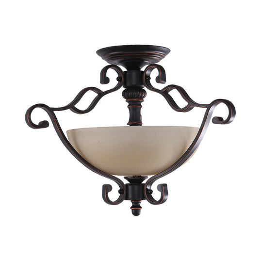 Red Brown Scroll Ceiling Lamp - Rustic Metal 3-Head Semi Mount Lighting With Frosted Glass Shade