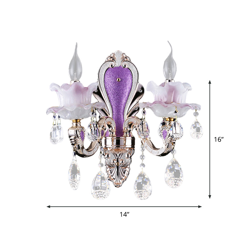 Modern Purple Candelabra Wall Mount Light With Crystal Drop - 1/2 Lights Jade Sconce Fixture