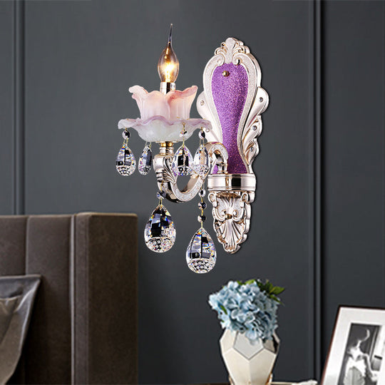 Modern Purple Candelabra Wall Mount Light With Crystal Drop - 1/2 Lights Jade Sconce Fixture 1 /