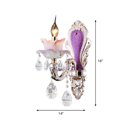 Modern Purple Candelabra Wall Mount Light With Crystal Drop - 1/2 Lights Jade Sconce Fixture