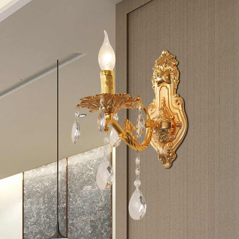 Modern Gold Wall Sconce With Crystal Drops - 1/2 Lights Metal Candelabra 1 /