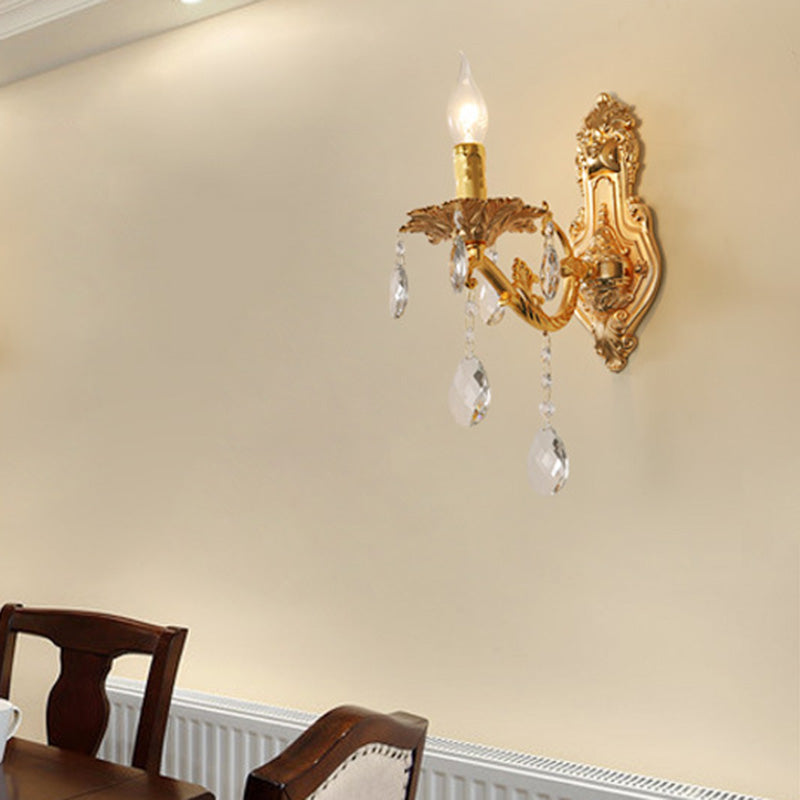 Modern Gold Wall Sconce With Crystal Drops - 1/2 Lights Metal Candelabra