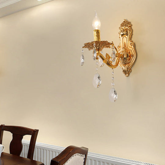 Modern Gold Wall Sconce With Crystal Drops - 1/2 Lights Metal Candelabra