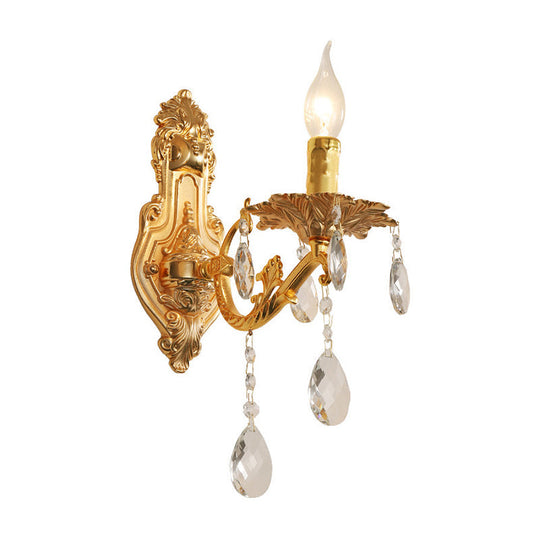 Modern Gold Wall Sconce With Crystal Drops - 1/2 Lights Metal Candelabra