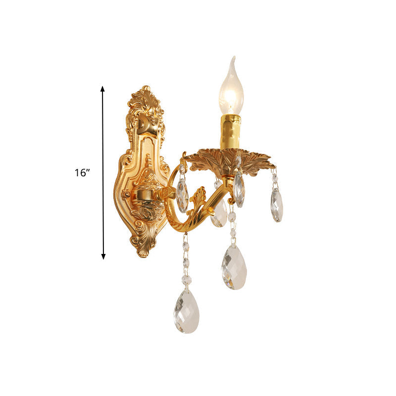 Modern Gold Wall Sconce With Crystal Drops - 1/2 Lights Metal Candelabra