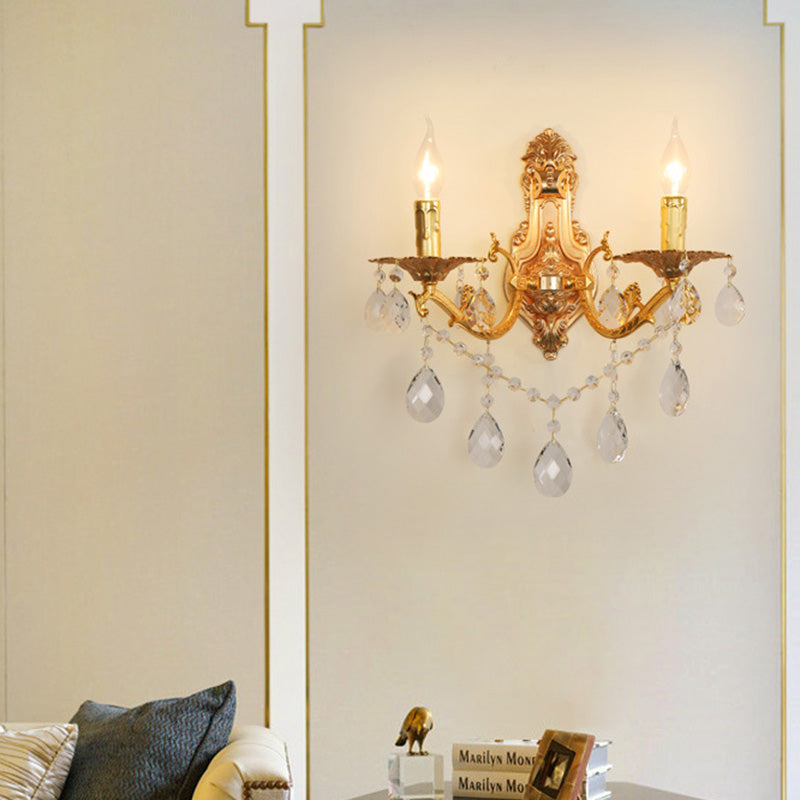 Modern Gold Wall Sconce With Crystal Drops - 1/2 Lights Metal Candelabra 2 /