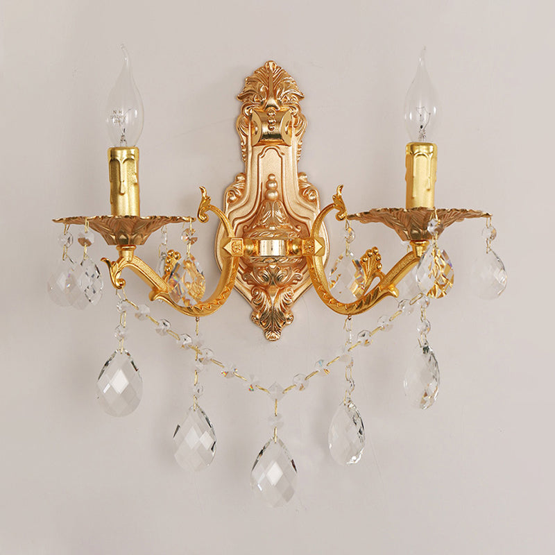 Modern Gold Wall Sconce With Crystal Drops - 1/2 Lights Metal Candelabra