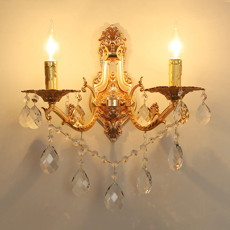 Modern Gold Wall Sconce With Crystal Drops - 1/2 Lights Metal Candelabra